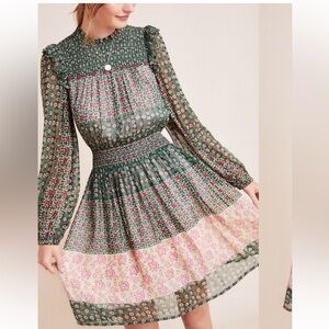 Anthropologie Rhiannon Floral Prairie Long Sleeve Mini Dress Size X-Small
